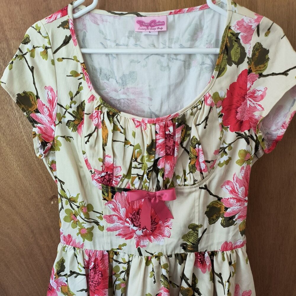 Pinup Couture Dress L Pink Floral Retro Swing Rockabilly Milkmaid Made in USA